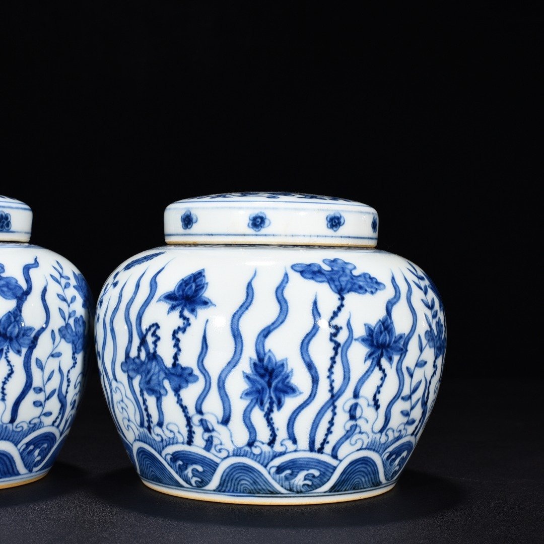 Ming Dynasty Chenghua blue and white fish algae lotus and flower jar