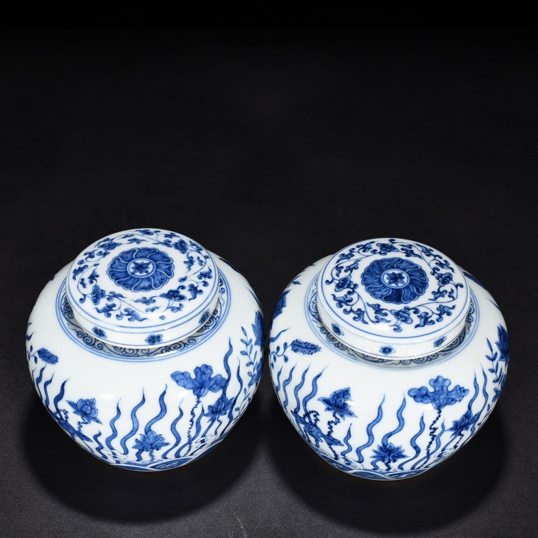 Ming Dynasty Chenghua blue and white fish algae lotus and flower jar