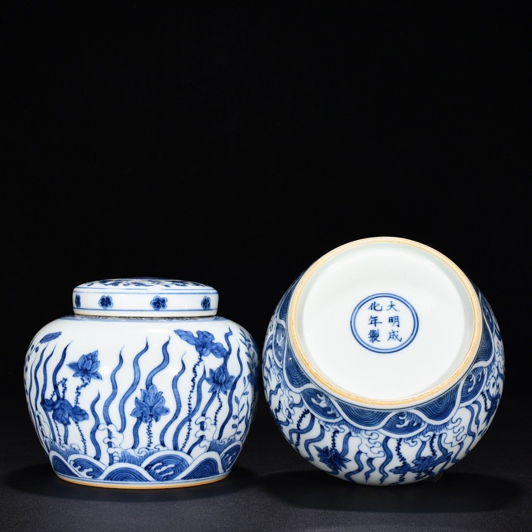 Ming Dynasty Chenghua blue and white fish algae lotus and flower jar