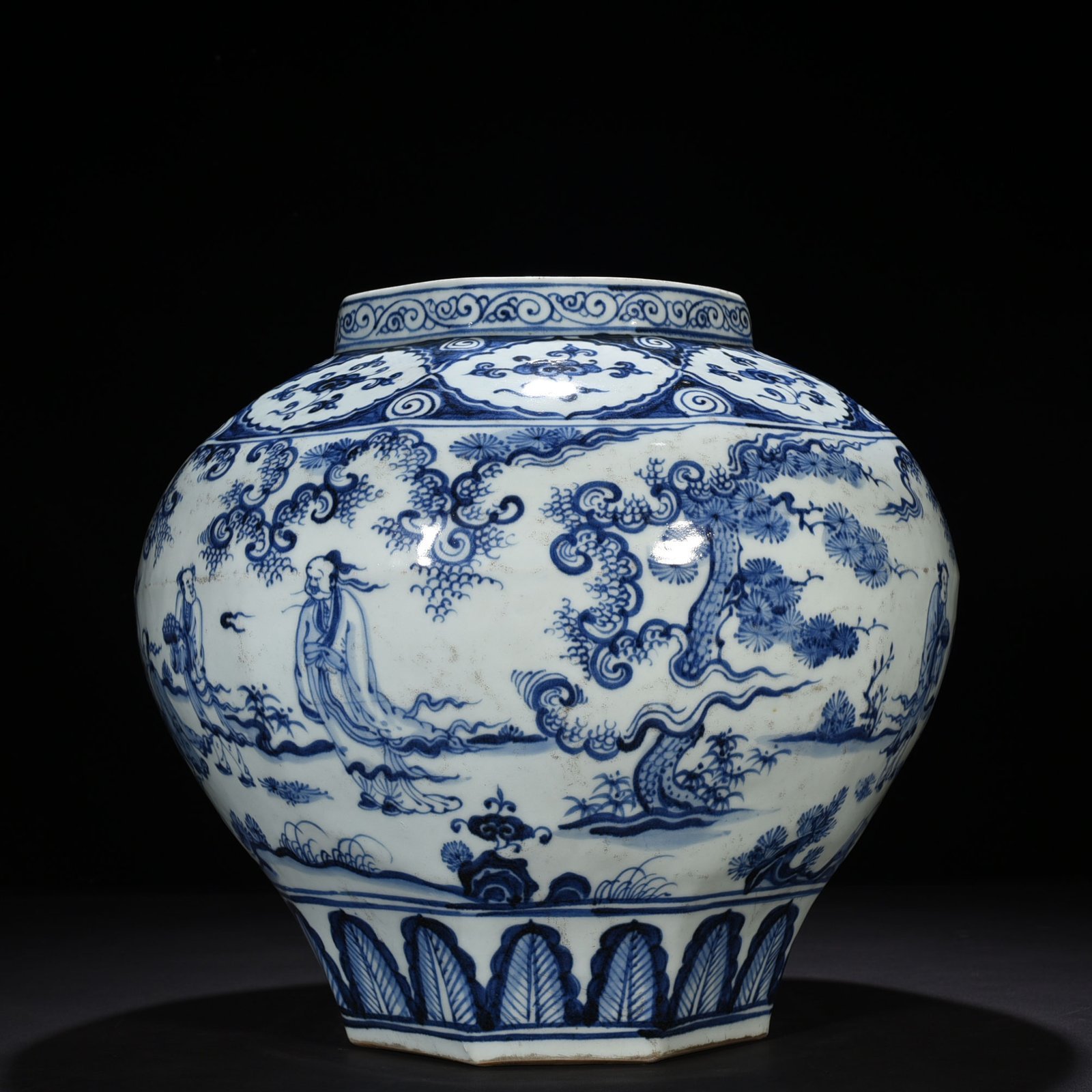 Ming Dynasty Jingtai blue and white Gao Shi figure eight-sided jar