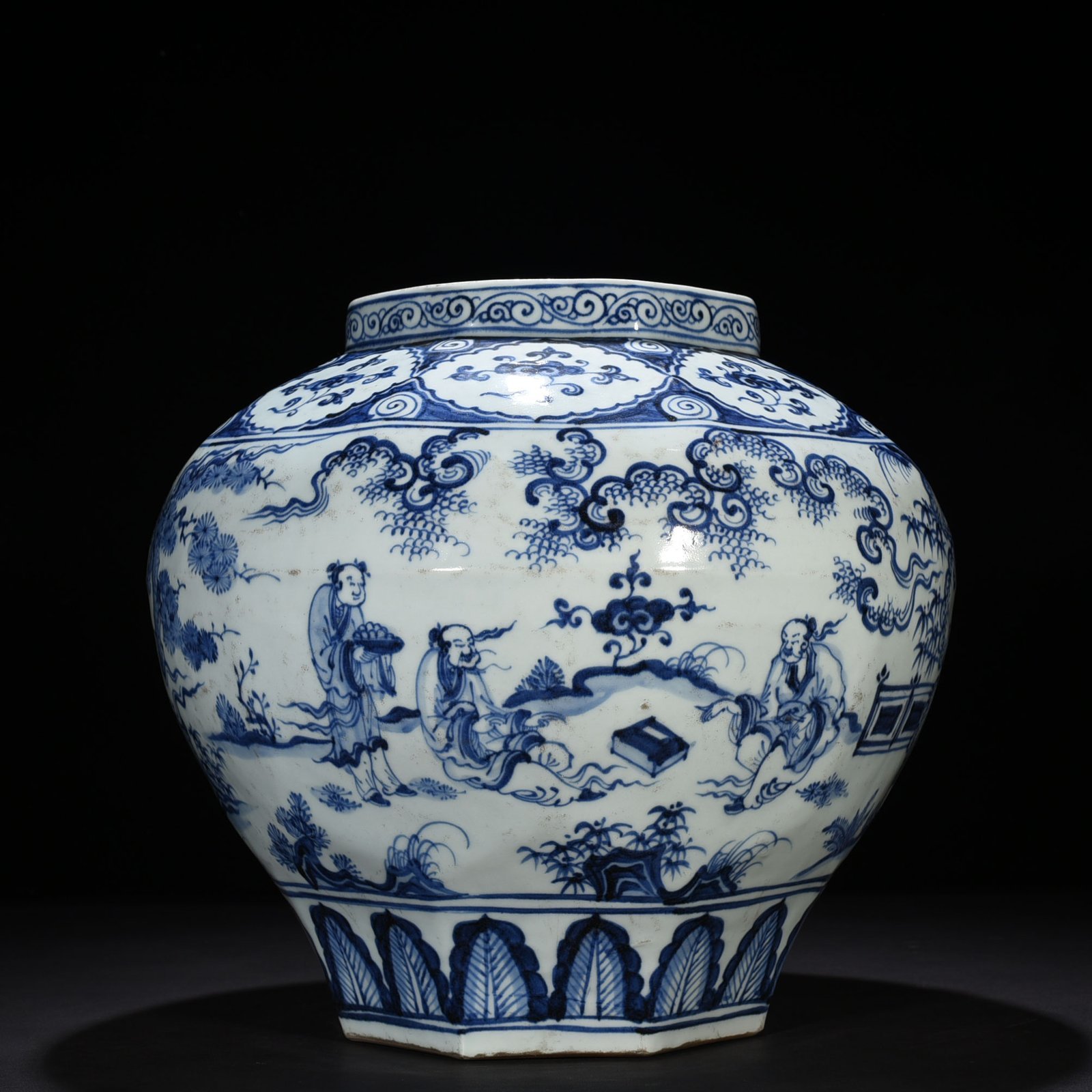 Ming Dynasty Jingtai blue and white Gao Shi figure eight-sided jar
