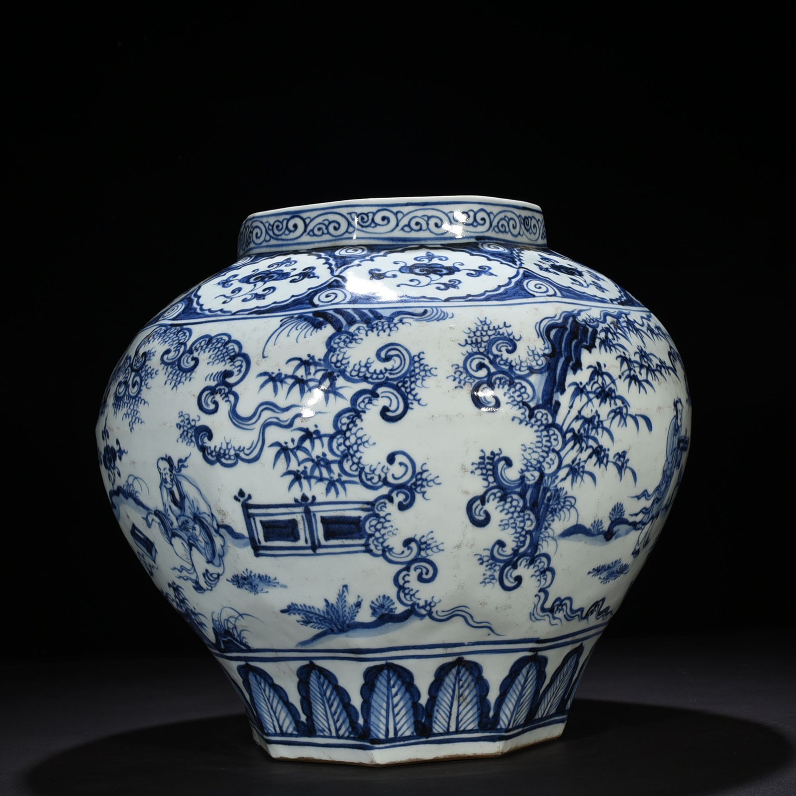 Ming Dynasty Jingtai blue and white Gao Shi figure eight-sided jar