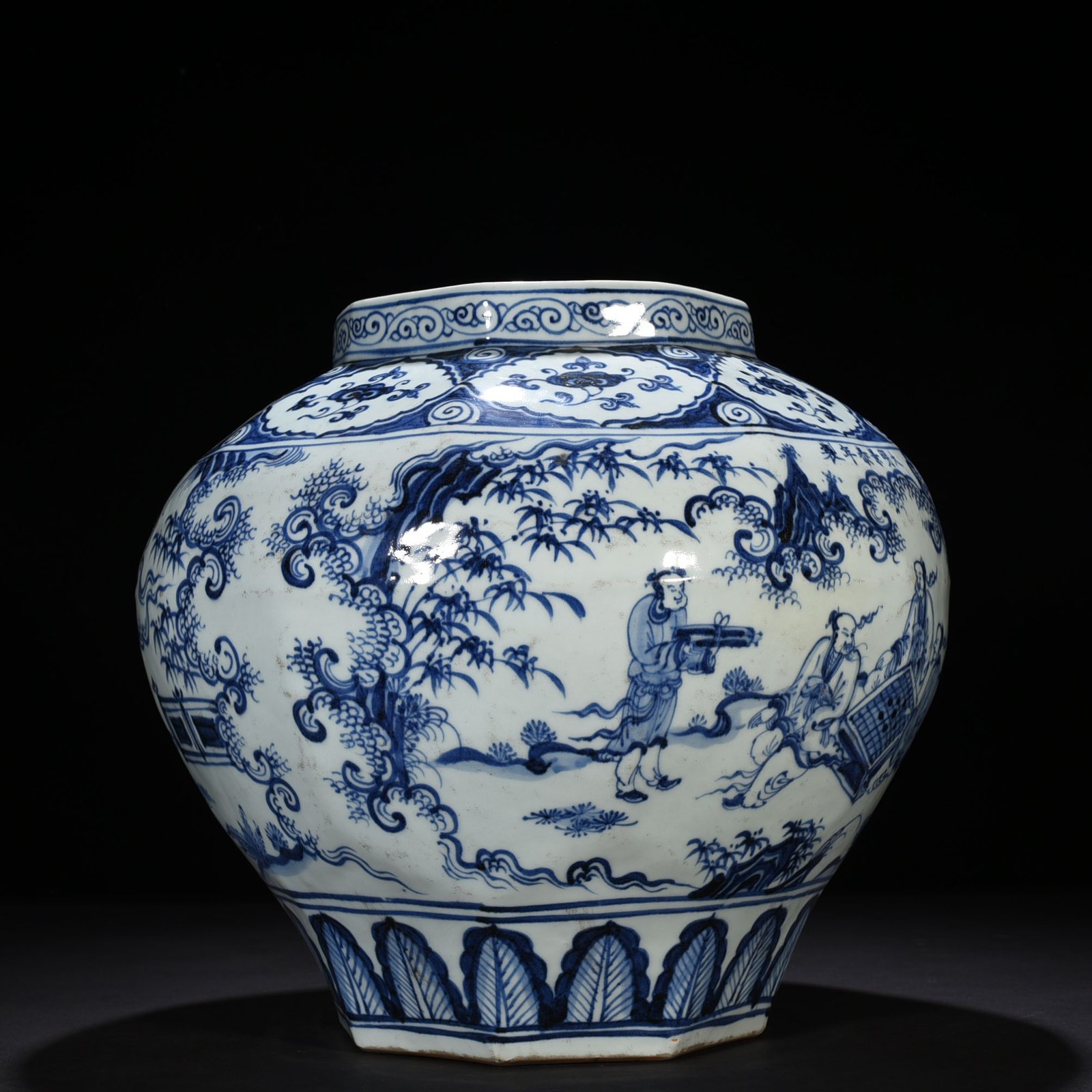 Ming Dynasty Jingtai blue and white Gao Shi figure eight-sided jar