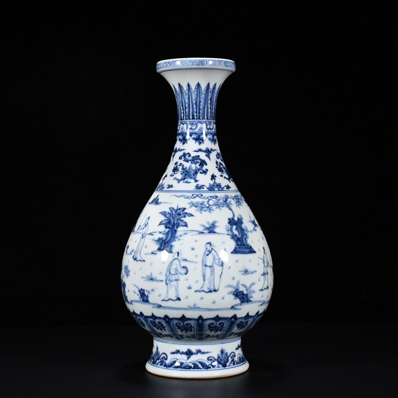 Ming Dynasty Zhengde blue and white character story plate mouth bottle