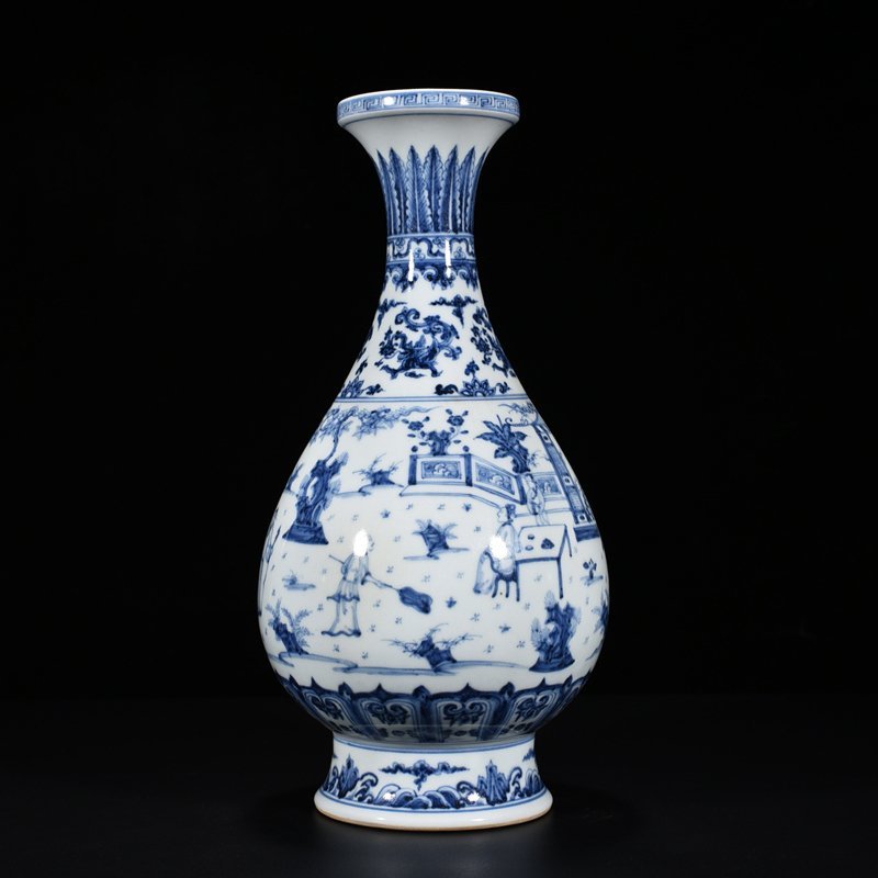 Ming Dynasty Zhengde blue and white character story plate mouth bottle