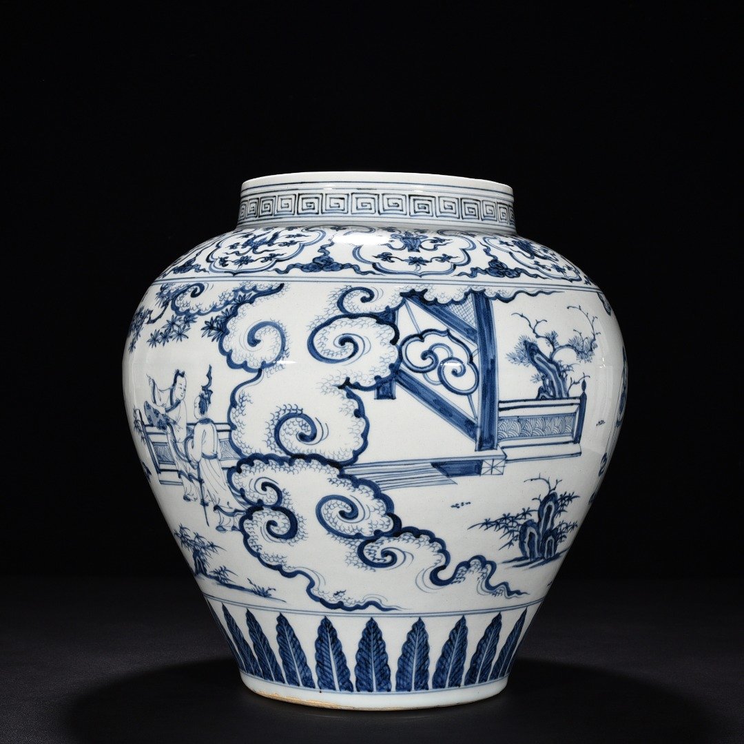 Ming Dynasty orthodox blue and white Coats game jar with figures