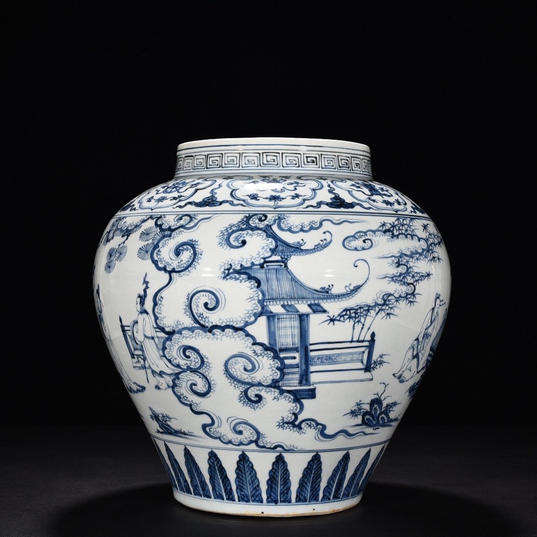 Ming Dynasty orthodox blue and white Coats game jar with figures