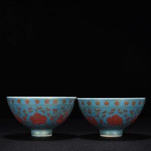 Ming Dynasty Yongle sky blue glaze chicken heart bowl with tangled branches and floral
