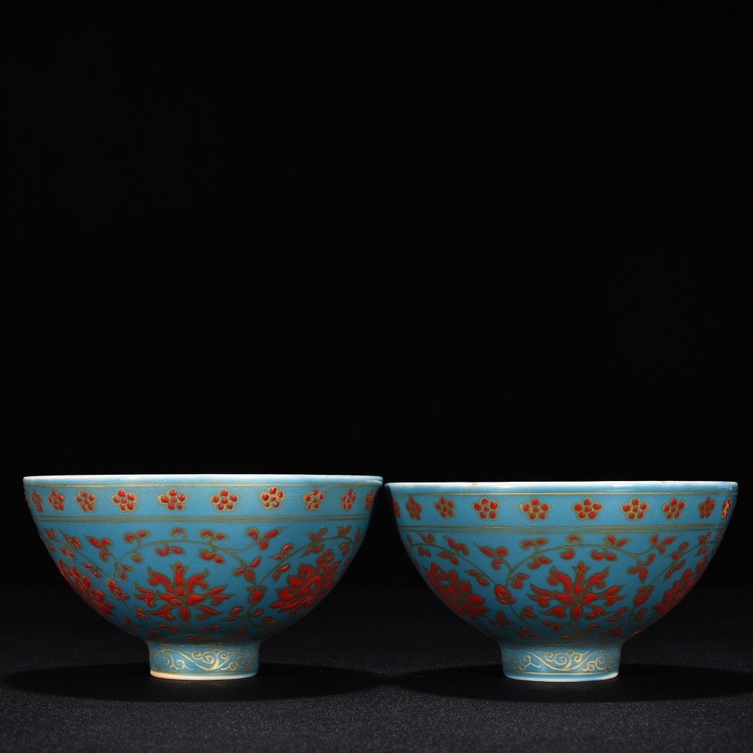 Ming Dynasty Yongle sky blue glaze chicken heart bowl with tangled branches and floral