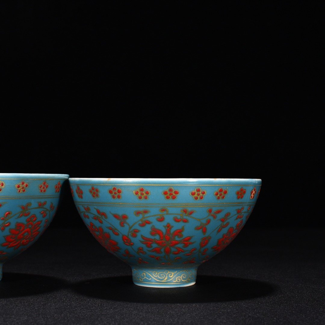Ming Dynasty Yongle sky blue glaze chicken heart bowl with tangled branches and floral
