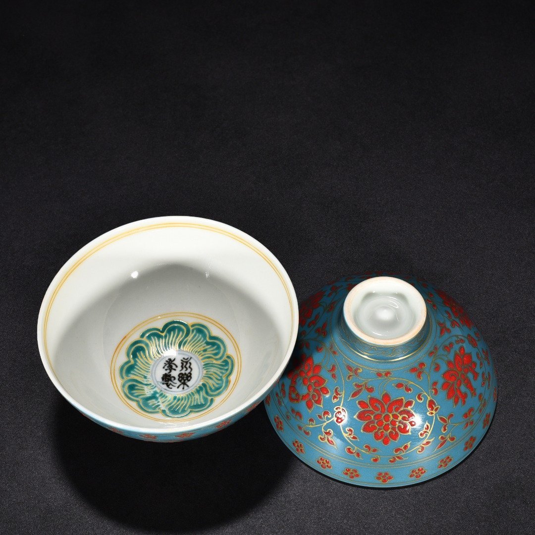 Ming Dynasty Yongle sky blue glaze chicken heart bowl with tangled branches and floral