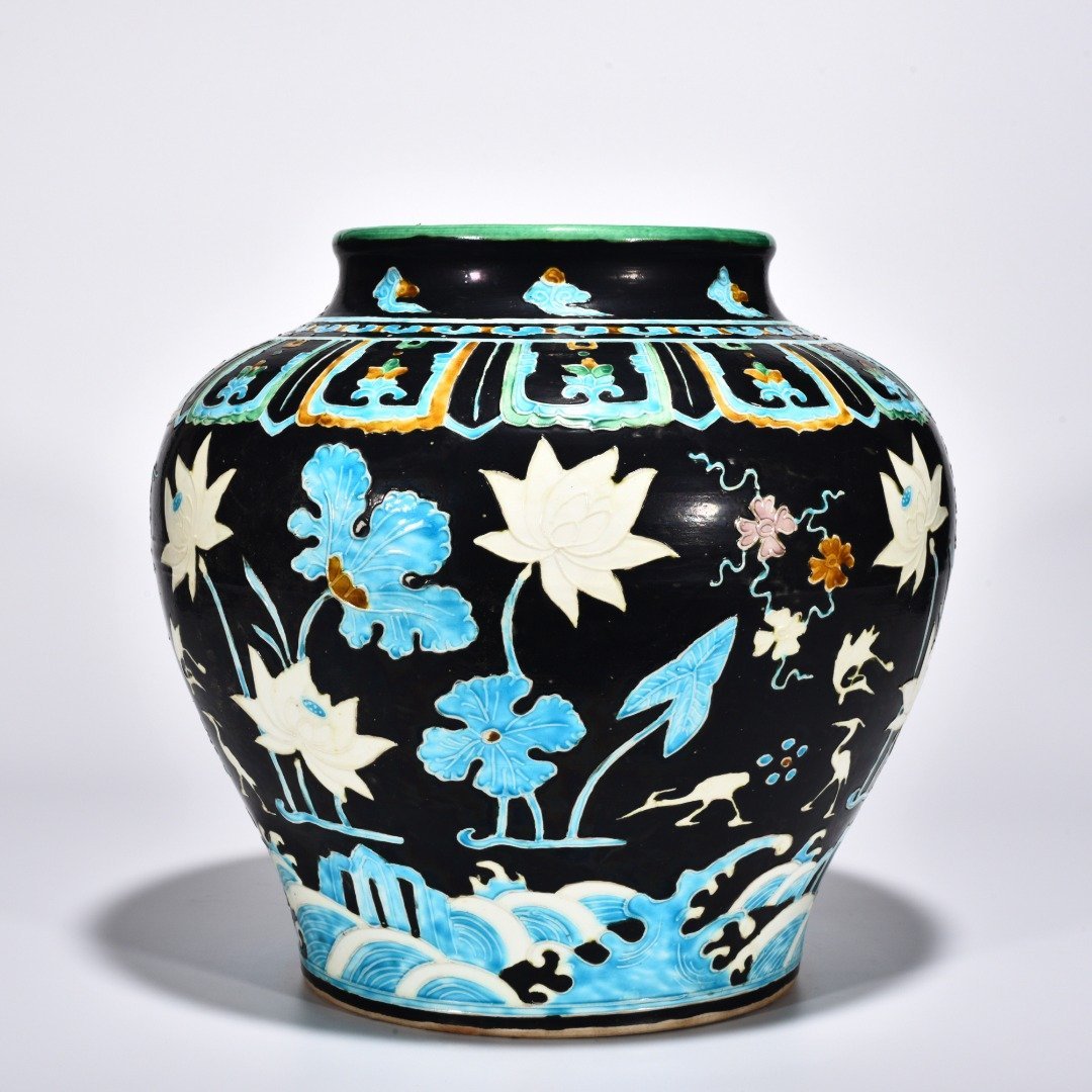 Ming Dynasty Yongle enamel jar with cormorant lotus and flowers