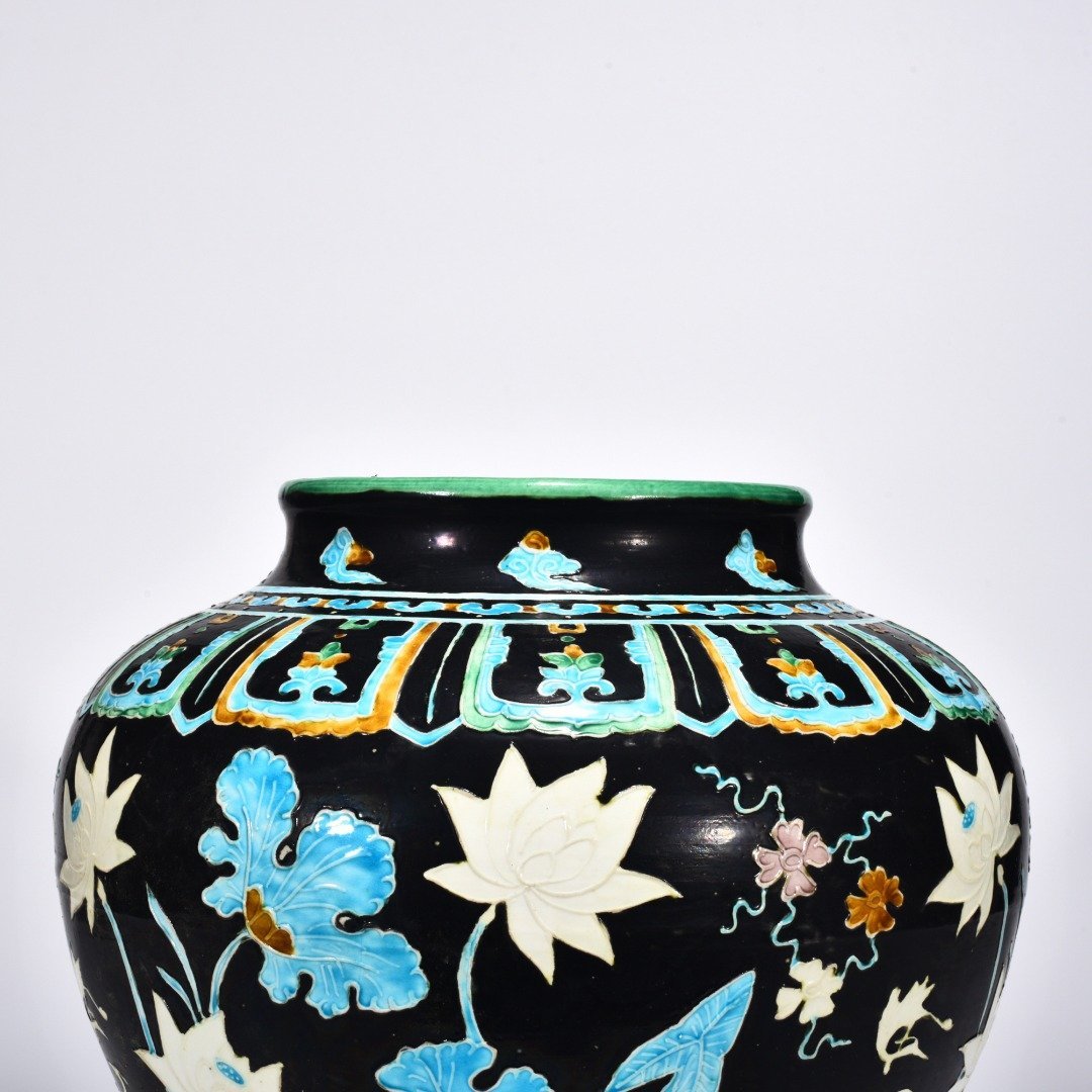 Ming Dynasty Yongle enamel jar with cormorant lotus and flowers