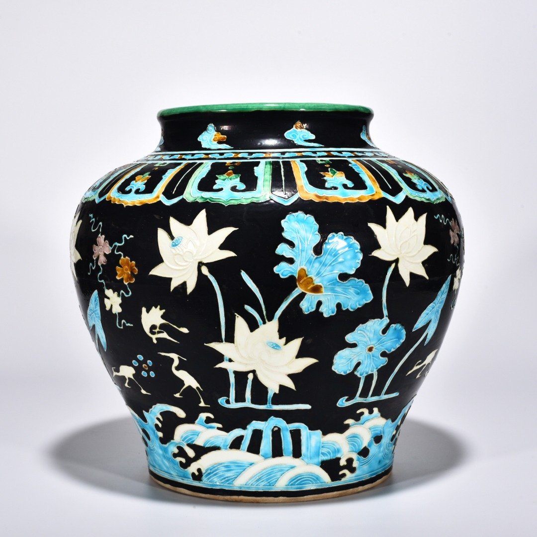 Ming Dynasty Yongle enamel jar with cormorant lotus and flowers