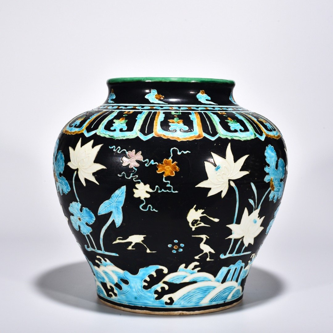 Ming Dynasty Yongle enamel jar with cormorant lotus and flowers