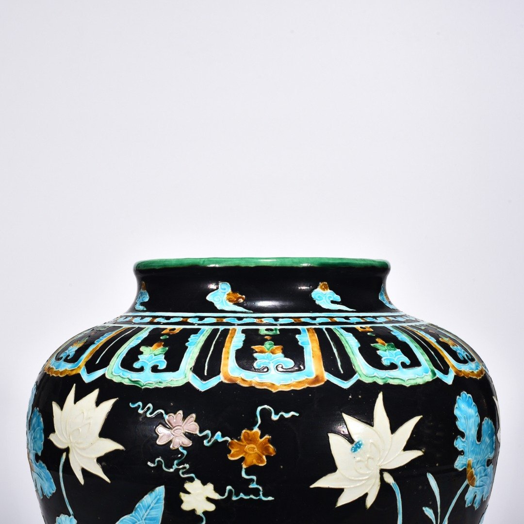 Ming Dynasty Yongle enamel jar with cormorant lotus and flowers