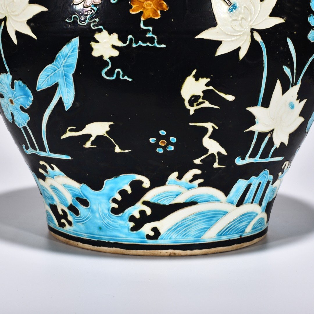 Ming Dynasty Yongle enamel jar with cormorant lotus and flowers