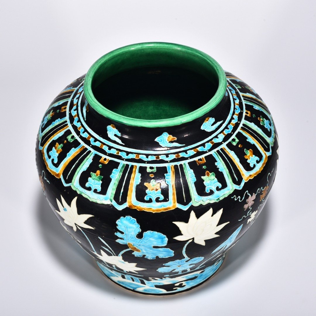 Ming Dynasty Yongle enamel jar with cormorant lotus and flowers
