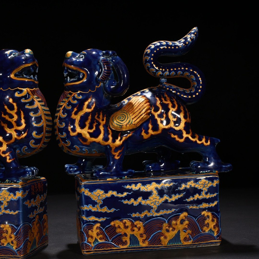 Ming Dynasty Yongle Festival blue glazed limestone auspicious animal statue