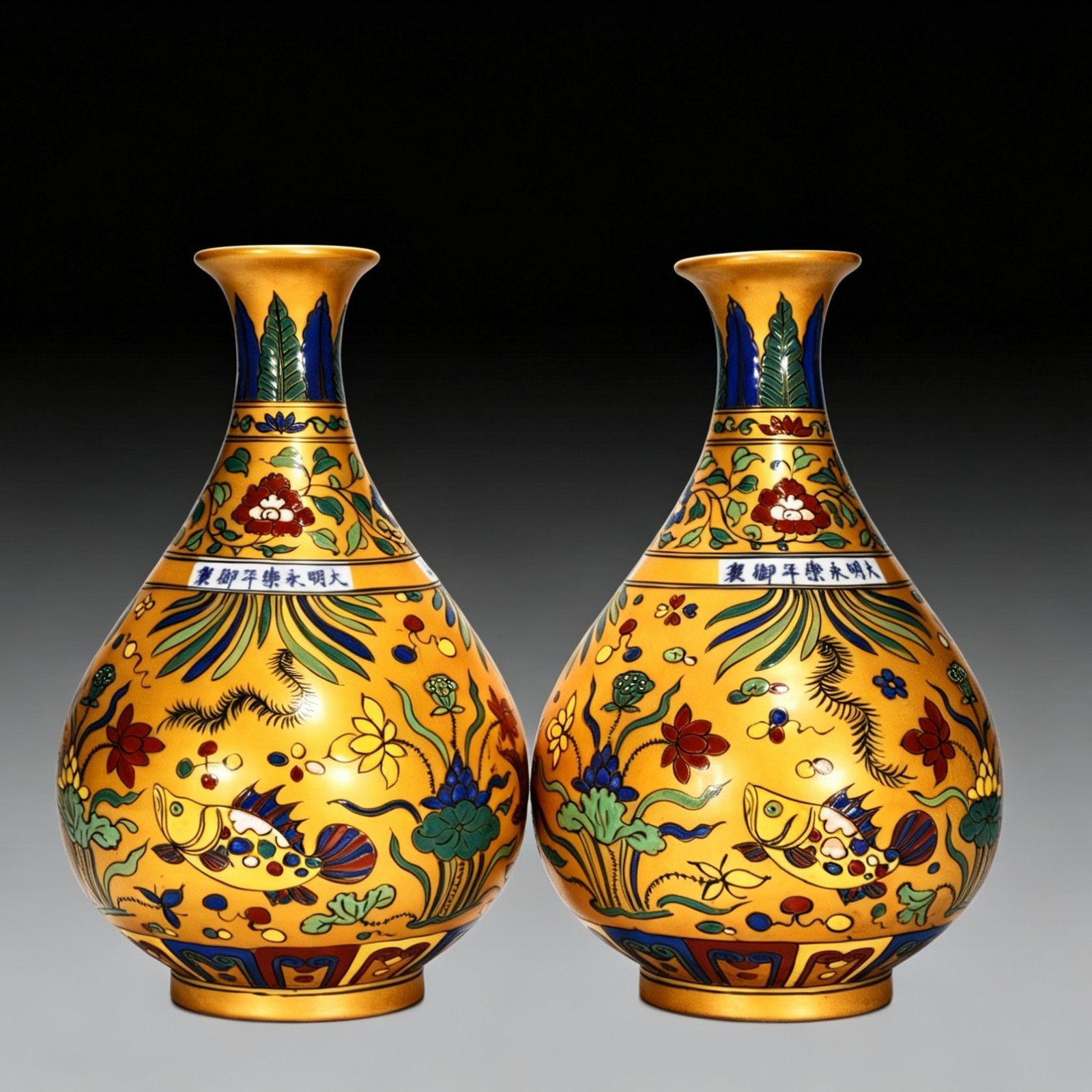 Ming Dynasty Yongle gold-colored jade pot spring vase with fish and algae