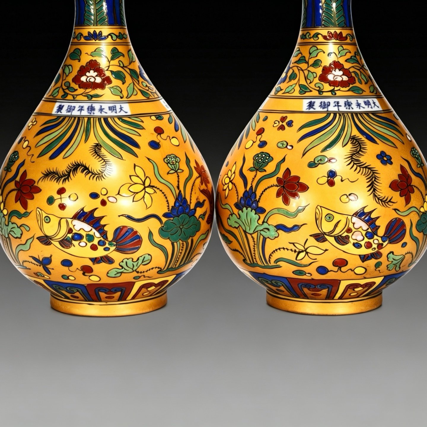 Ming Dynasty Yongle gold-colored jade pot spring vase with fish and algae