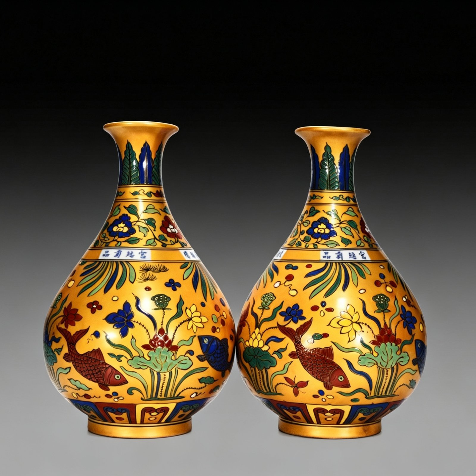 Ming Dynasty Yongle gold-colored jade pot spring vase with fish and algae