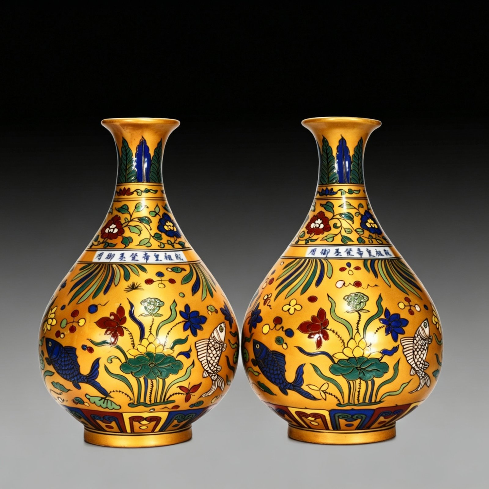 Ming Dynasty Yongle gold-colored jade pot spring vase with fish and algae