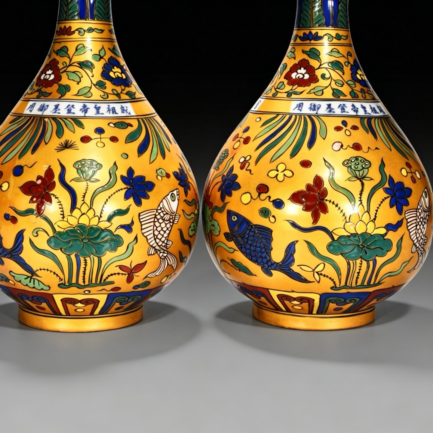 Ming Dynasty Yongle gold-colored jade pot spring vase with fish and algae