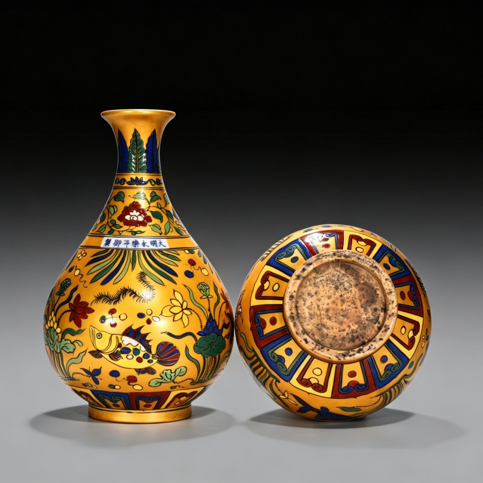 Ming Dynasty Yongle gold-colored jade pot spring vase with fish and algae