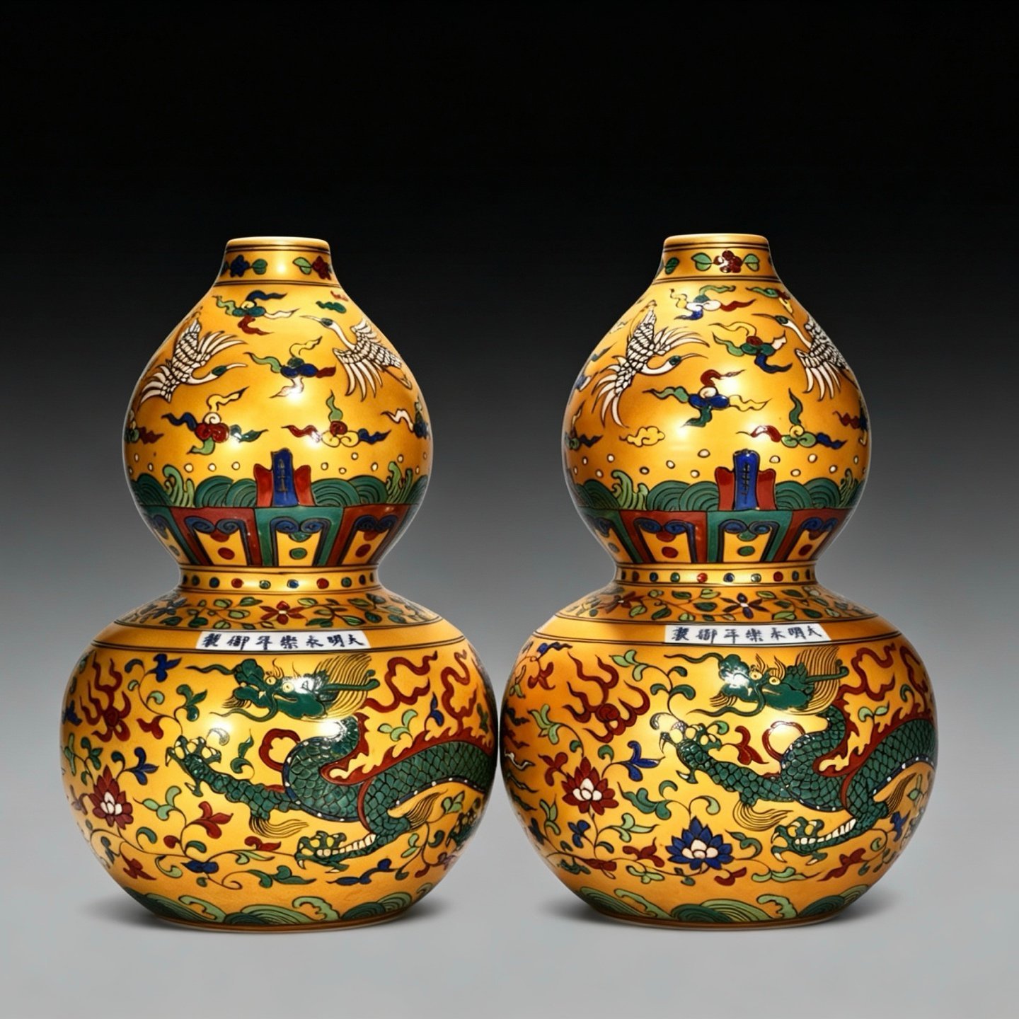 Ming Dynasty Yongle gold-colored gourd vase with dragon and phoenixs