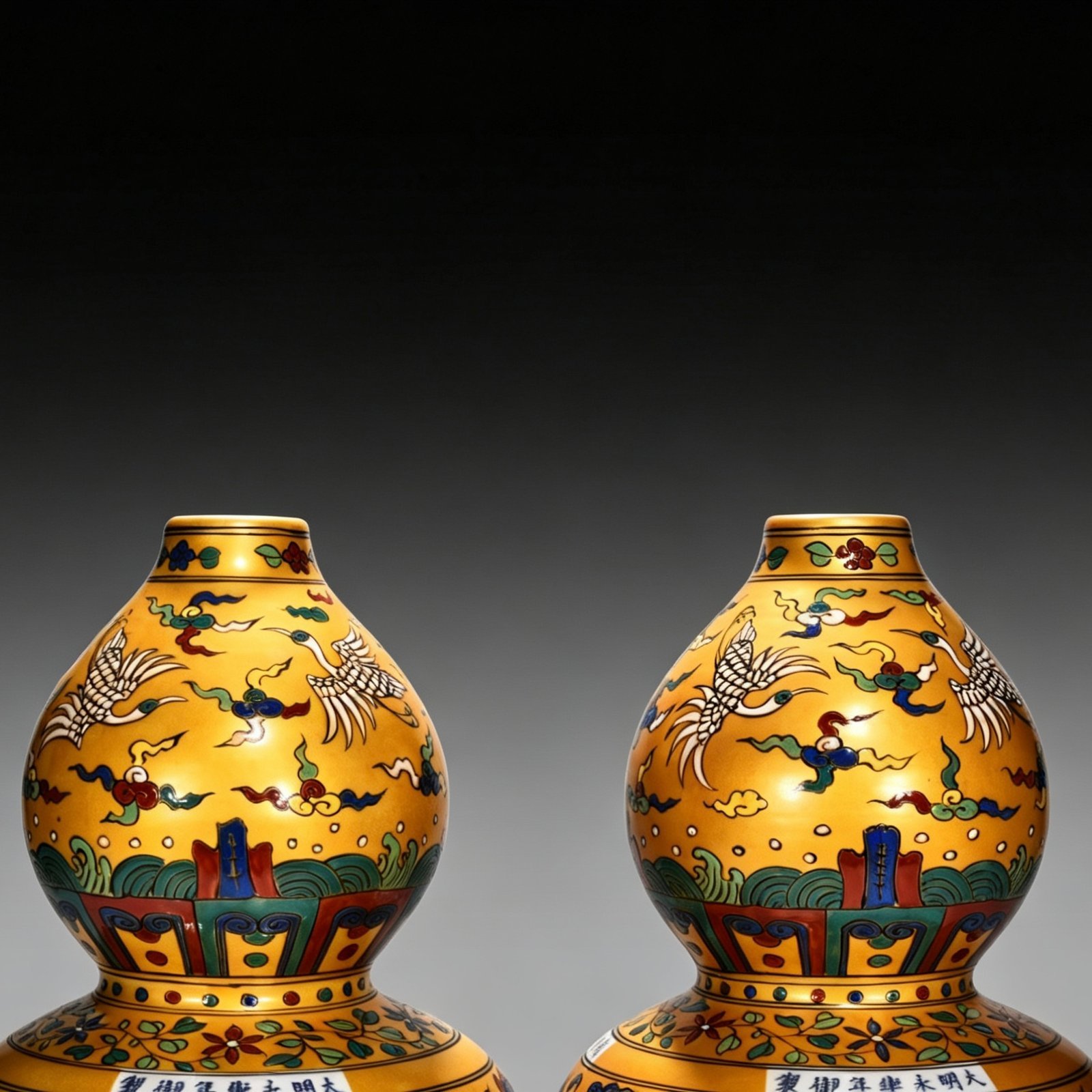 Ming Dynasty Yongle gold-colored gourd vase with dragon and phoenixs