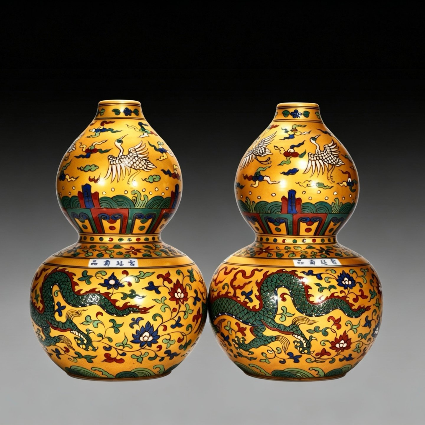 Ming Dynasty Yongle gold-colored gourd vase with dragon and phoenixs