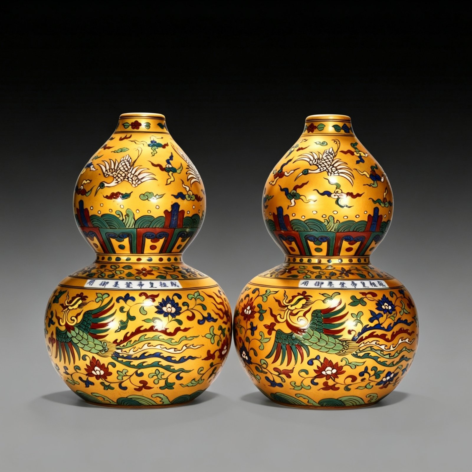Ming Dynasty Yongle gold-colored gourd vase with dragon and phoenixs