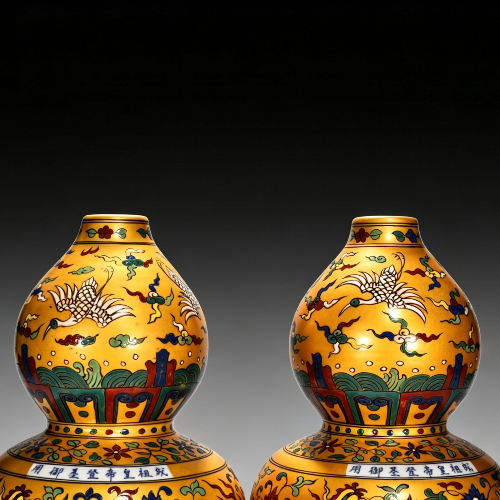 Ming Dynasty Yongle gold-colored gourd vase with dragon and phoenixs