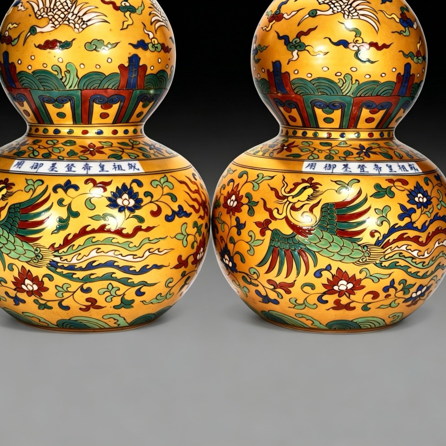 Ming Dynasty Yongle gold-colored gourd vase with dragon and phoenixs