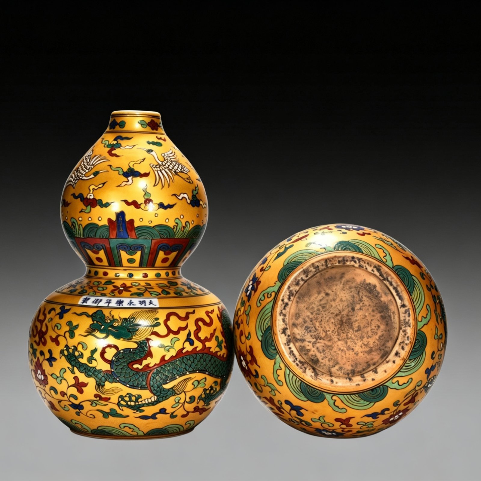 Ming Dynasty Yongle gold-colored gourd vase with dragon and phoenixs