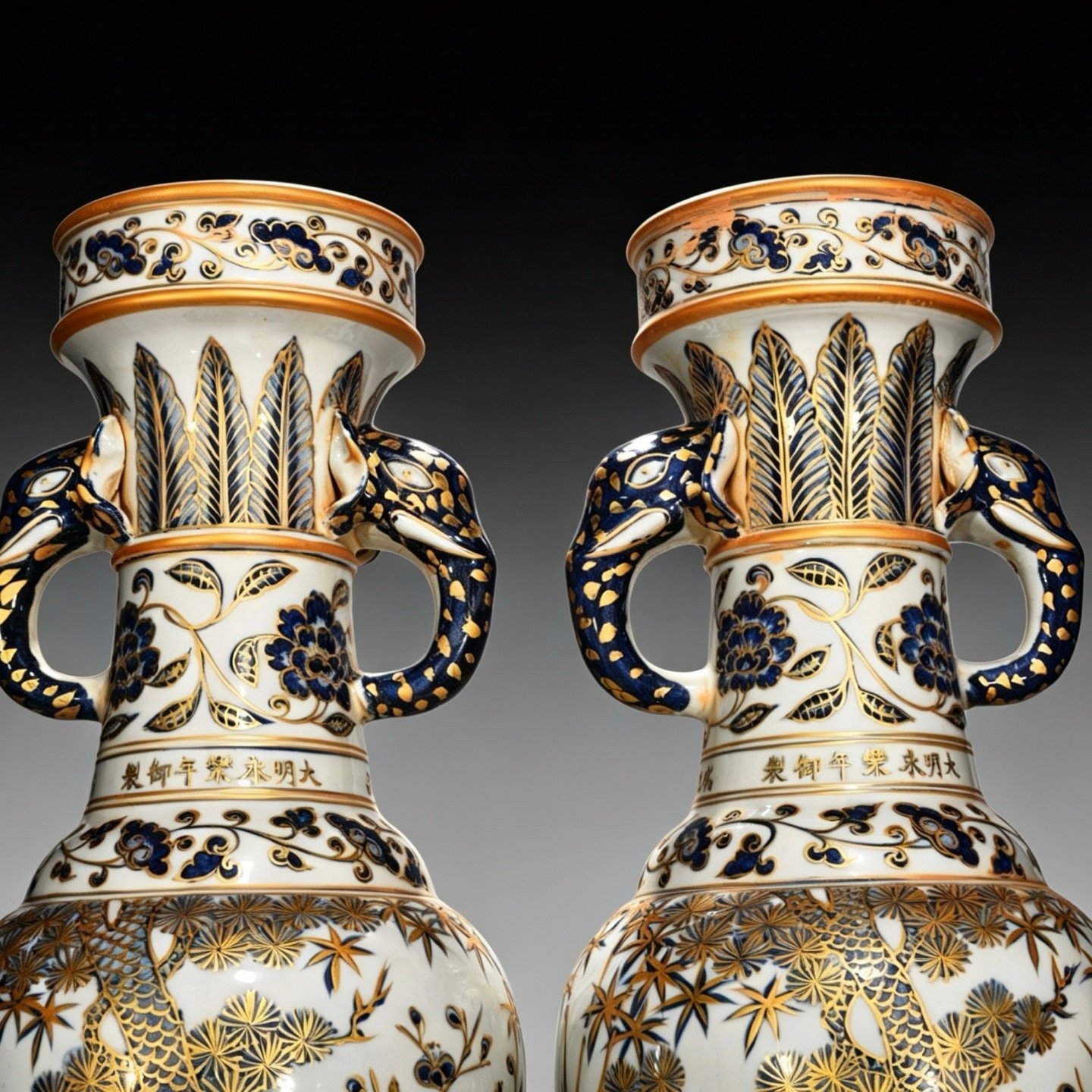 Ming Dynasty Yongle blue and white gilt-painted elephant-ear vase