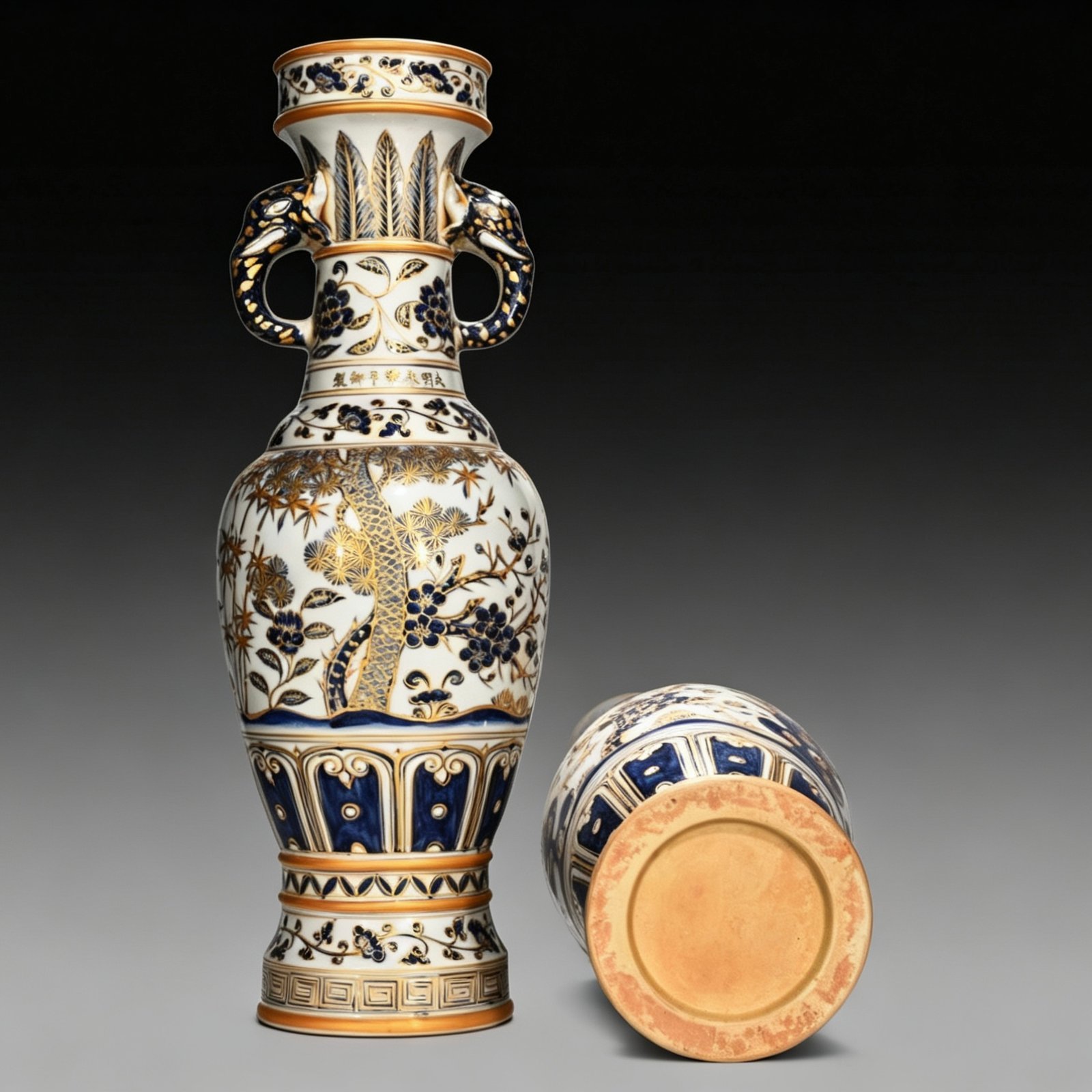Ming Dynasty Yongle blue and white gilt-painted elephant-ear vase