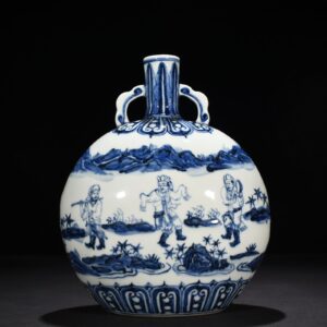Ming Dynasty Yongle blue and white barbarian music player figure flat vase