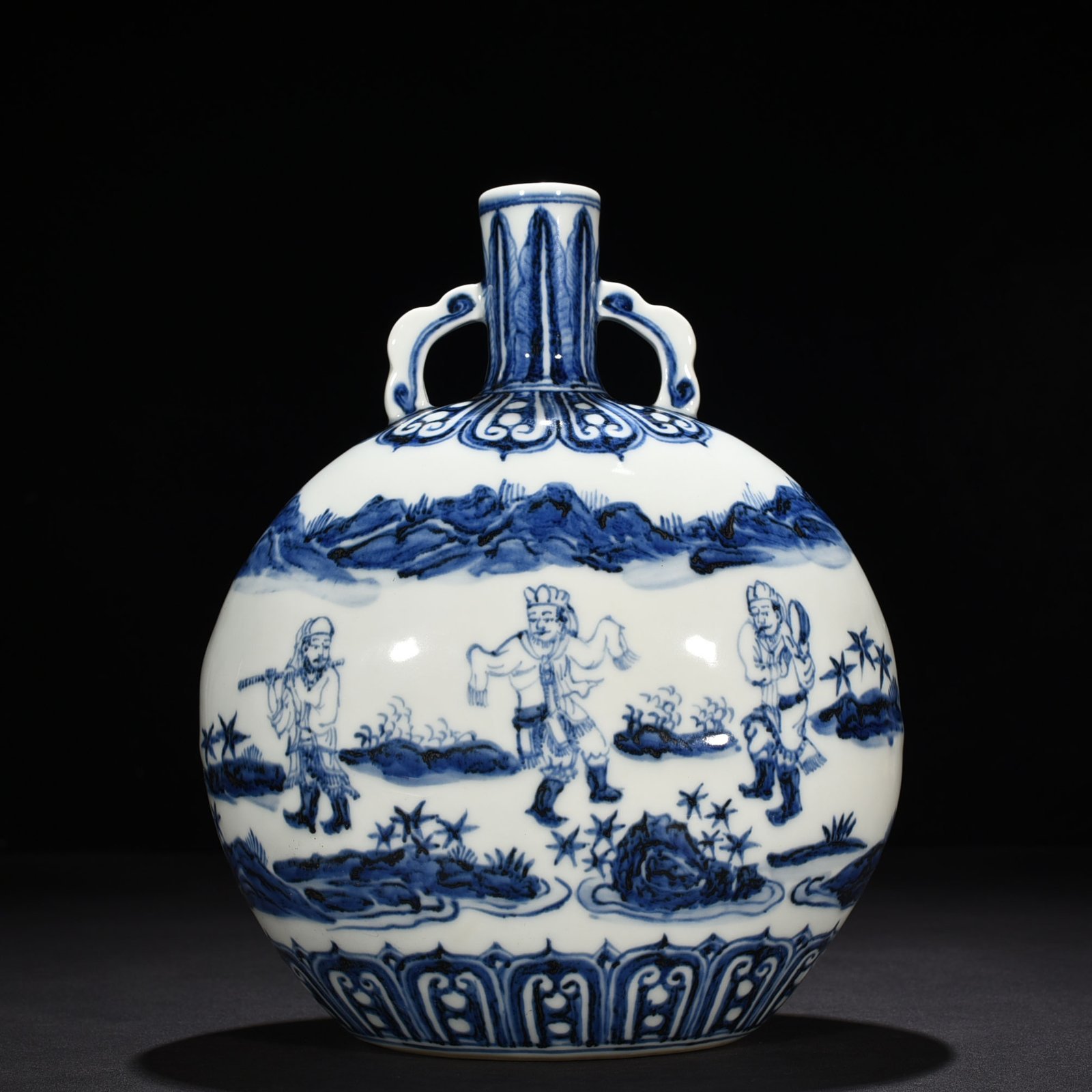 Ming Dynasty Yongle blue and white barbarian music player figure flat vase