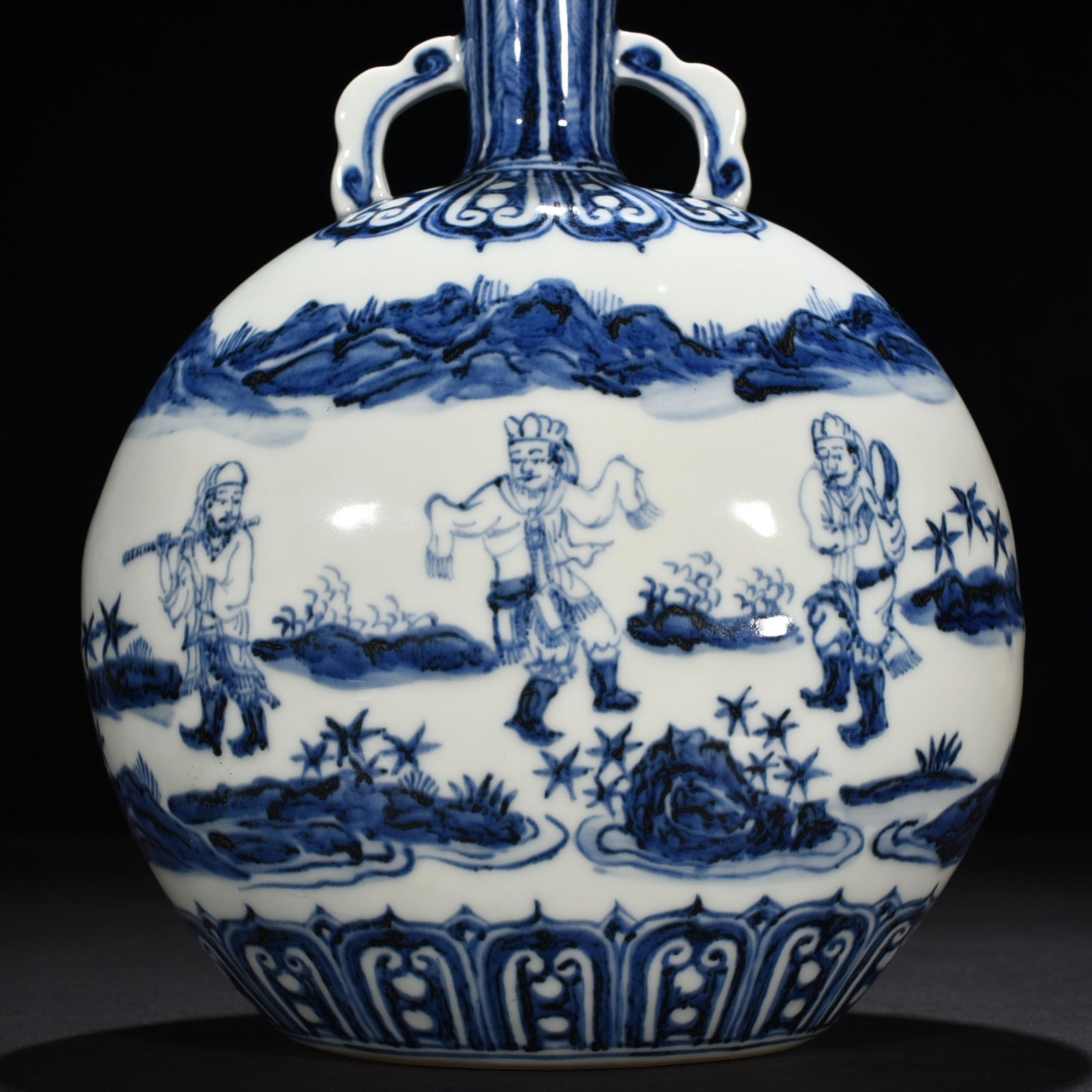 Ming Dynasty Yongle blue and white barbarian music player figure flat vase