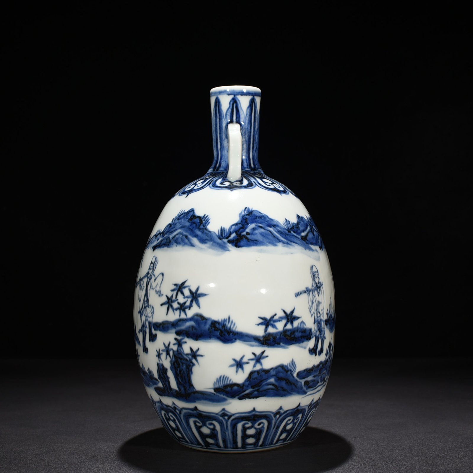 Ming Dynasty Yongle blue and white barbarian music player figure flat vase