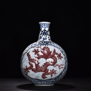 Ming Dynasty Yongle blue and white underglaze red sea dragon flat vase
