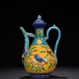 Ming Dynasty Yongle yellow ground enamel ewer with folded branches flowers and birds