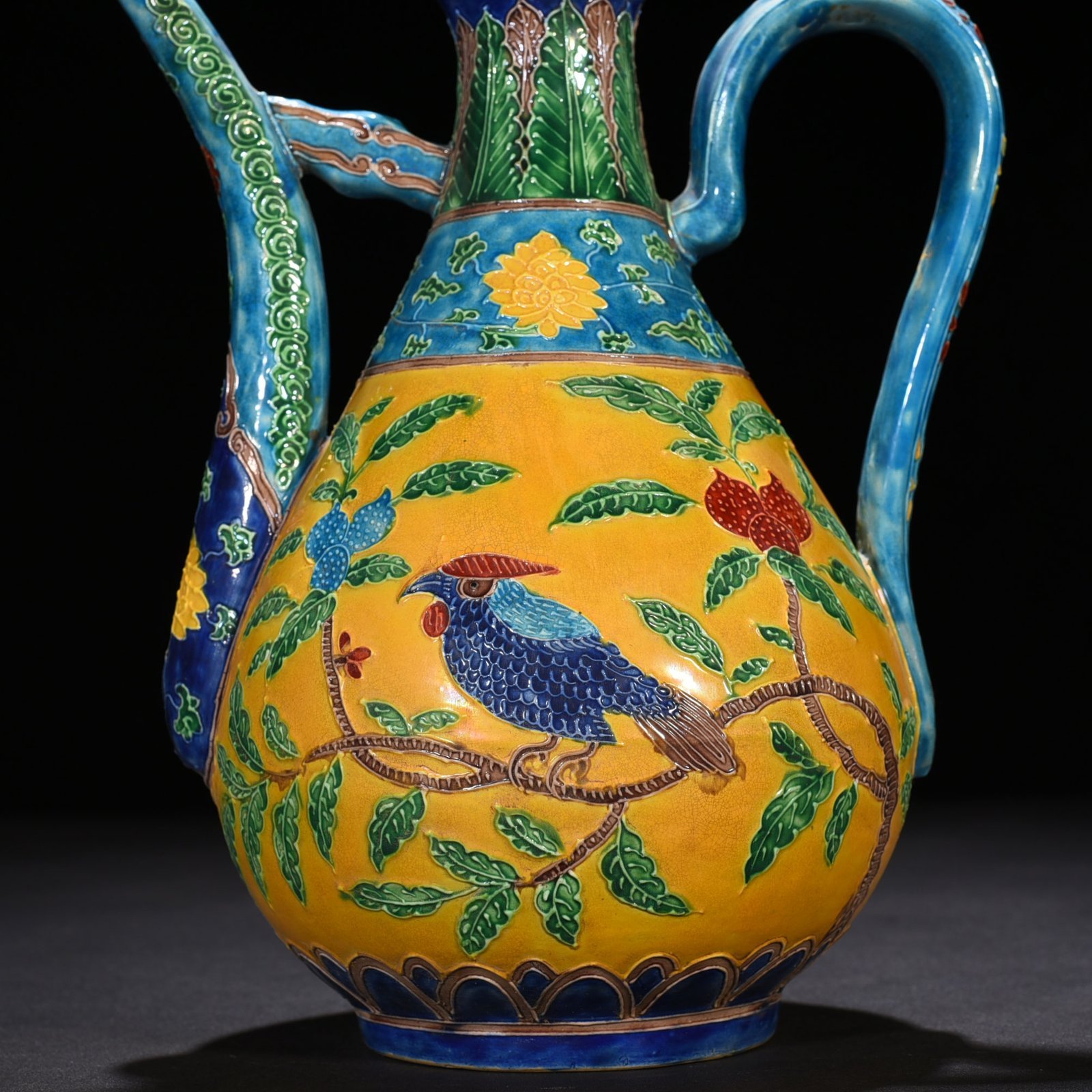 Ming Dynasty Yongle yellow ground enamel ewer with folded branches flowers and birds