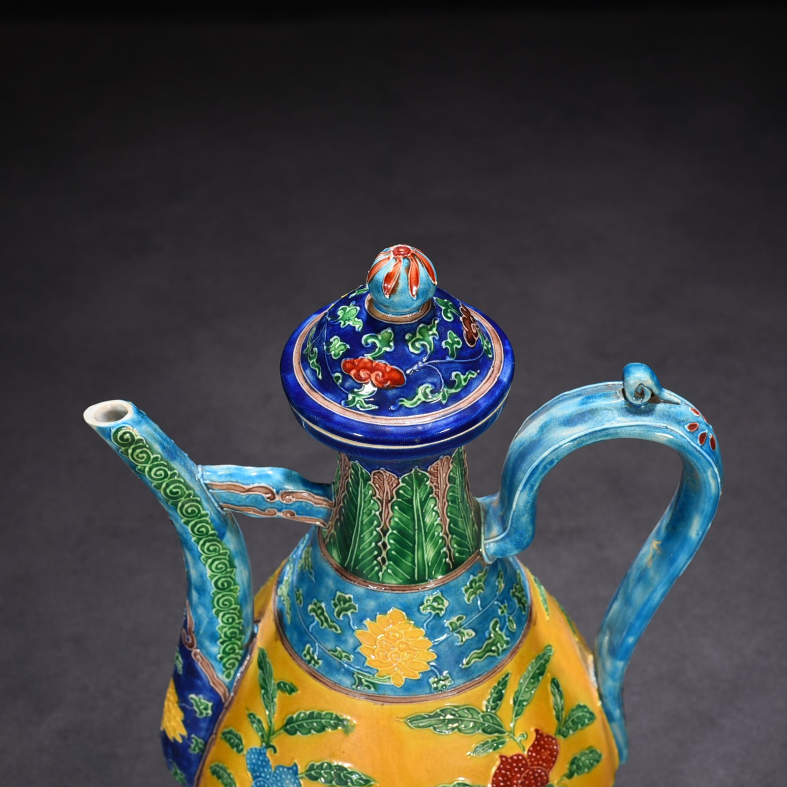 Ming Dynasty Yongle yellow ground enamel ewer with folded branches flowers and birds