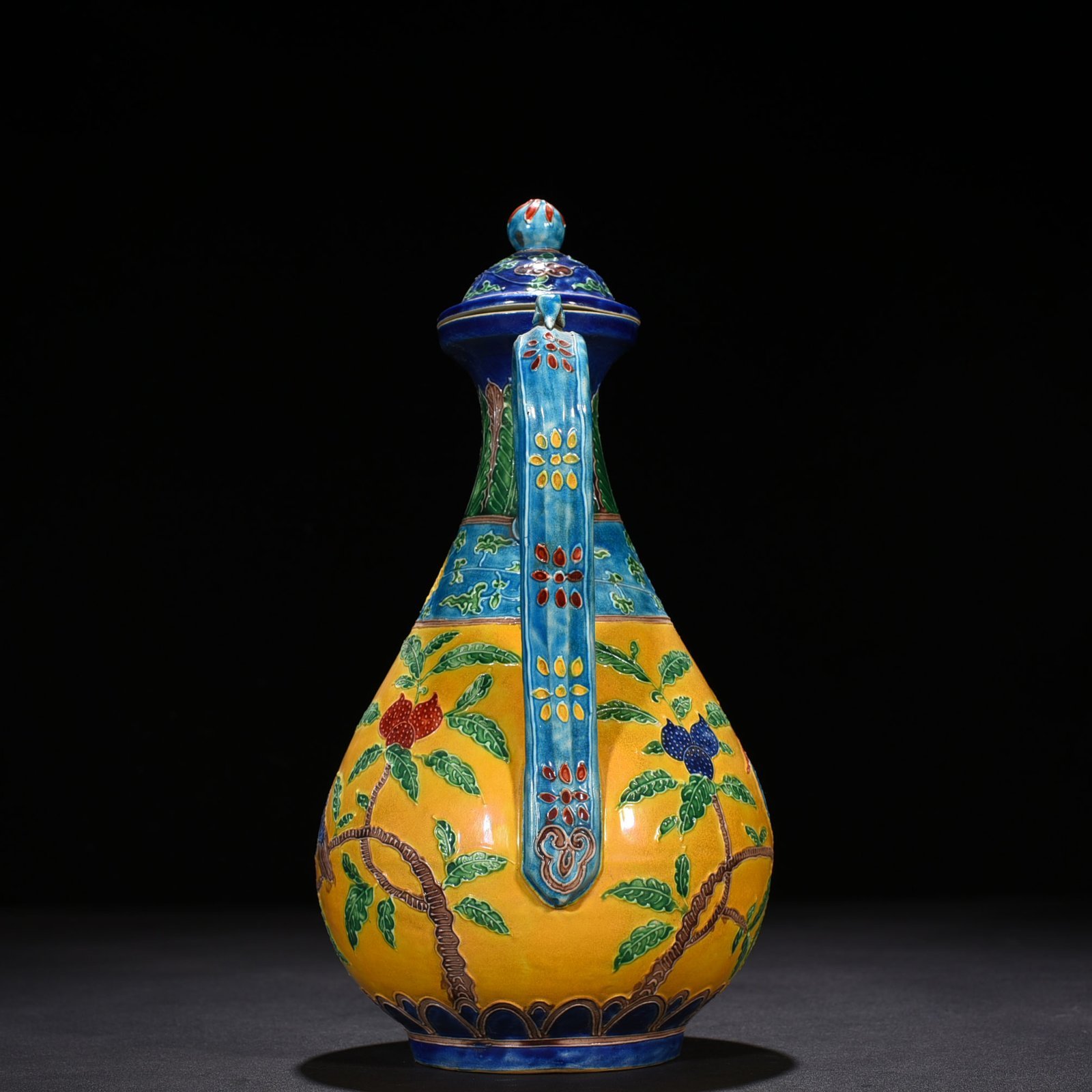 Ming Dynasty Yongle yellow ground enamel ewer with folded branches flowers and birds