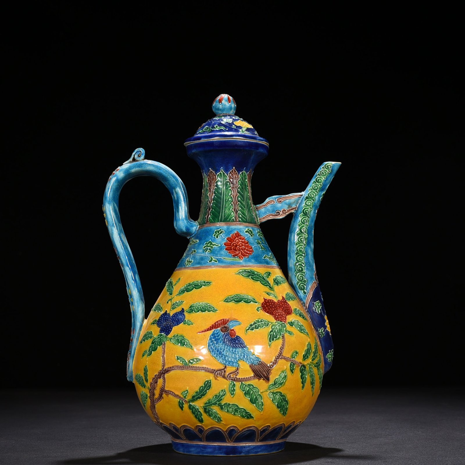 Ming Dynasty Yongle yellow ground enamel ewer with folded branches flowers and birds