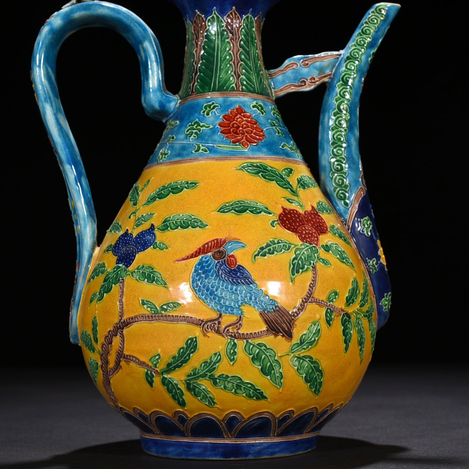 Ming Dynasty Yongle yellow ground enamel ewer with folded branches flowers and birds