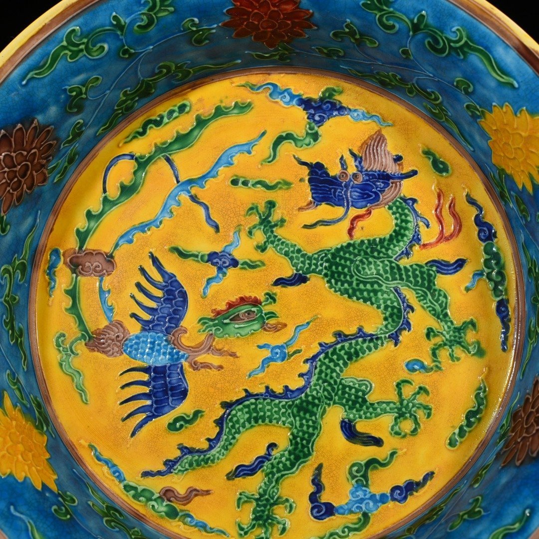Ming Dynasty Yongle yellow ground enamel folding plate with dragon